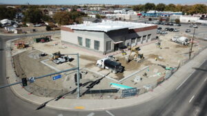 Drone picture of the exterior of the Grand Junction Les Schwab under construction.