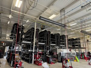 Tire racks inside the completed Grand Junction Les Schwab tire center