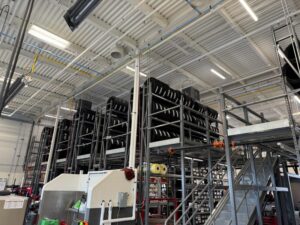 Tire racks inside the completed Grand Junction Les Schwab tire center